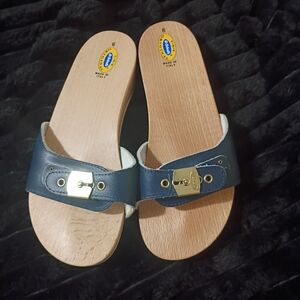 Original Vintage Dr. Scholl's Wood Slide Leather Strap Sandals 6 NWOT